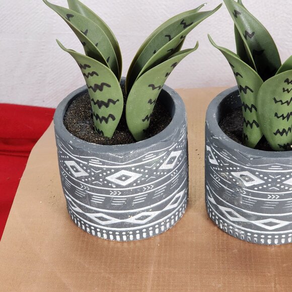 Faux Plants in Grey Tribal Print Faux Cement Pots Set of 3 4"Wx9"H - Picture 7 of 16
